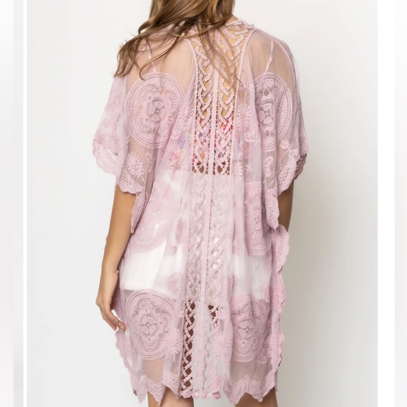 33. Women’s Lace Kimono Blue Tie Front Long Swim Cover Loungewear - Picture 2 of 3